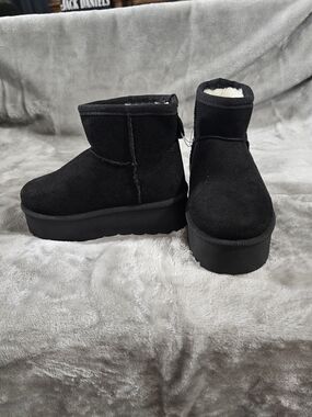 Link Kids Black Faux-Shearling Platform Ankle Boots